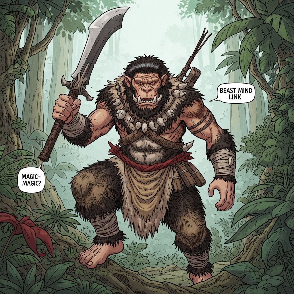 Neanderthal Hybrid Warrior in Lush Jungle, Manga Style