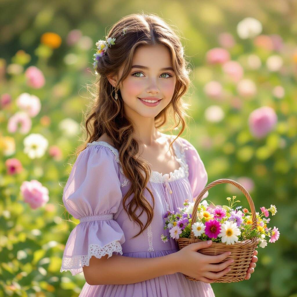 Girl in Flower Garden, Painterly Style