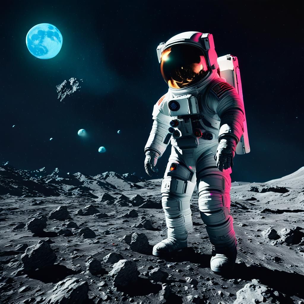 Cyberpunk Astronaut Watches Asteroid Impact on Moon