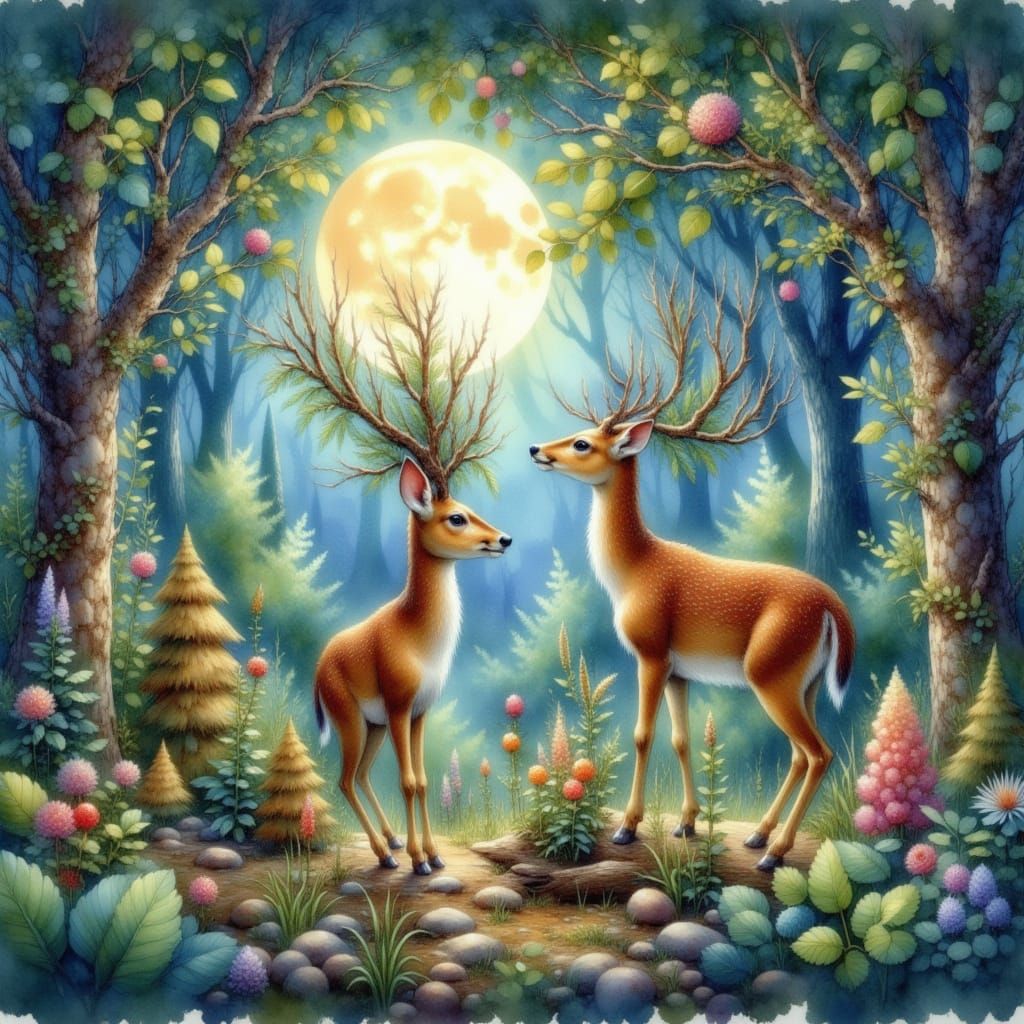 Deer Building Treehouses in Moonlit Glade Watercolor