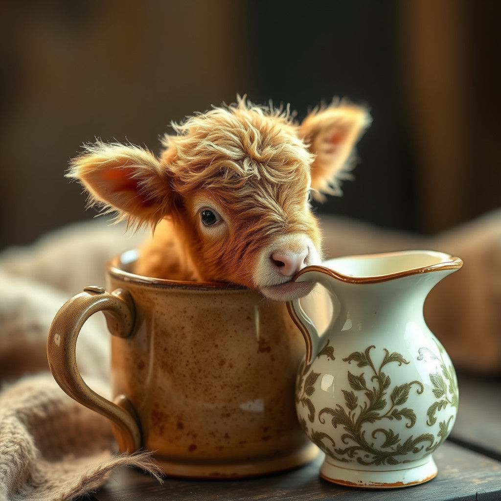 Miniature Fluffy Calf in Mug with Milk Jug