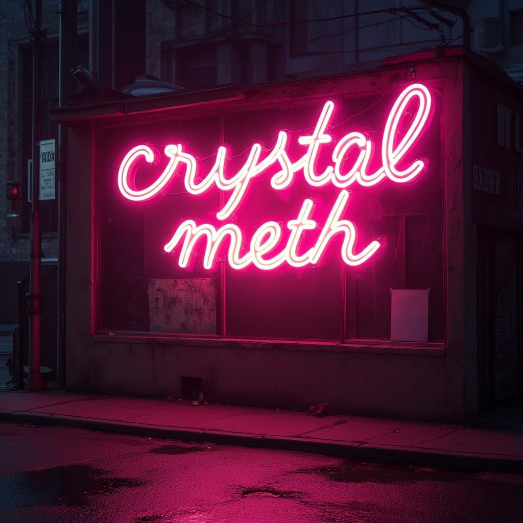 Glowing Neon Sign Reads Crystal Meth in Bold Cursive Script