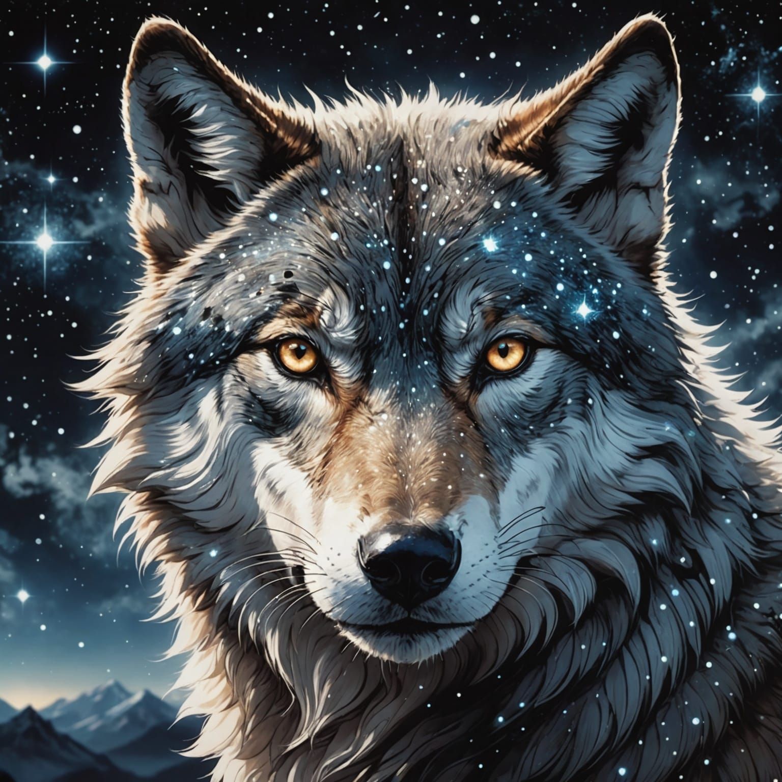 Wolf's Face with Constellations in Anime Style