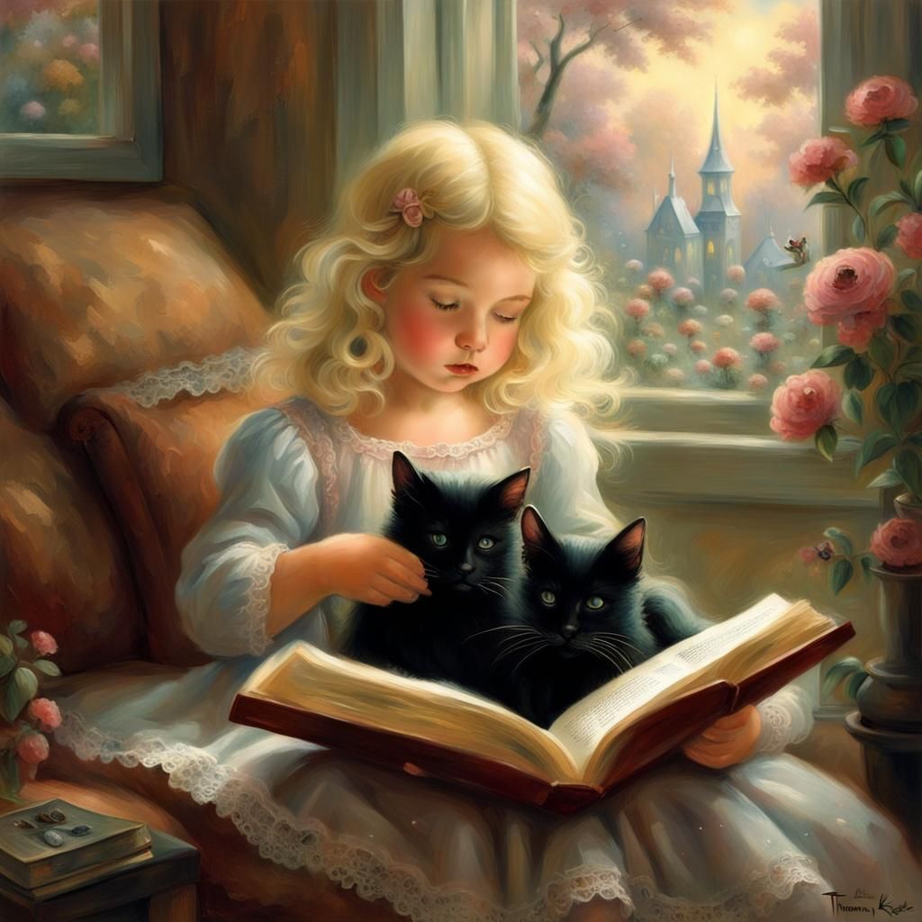 Girl Reading to Cat in Ethereal Fantasy Style