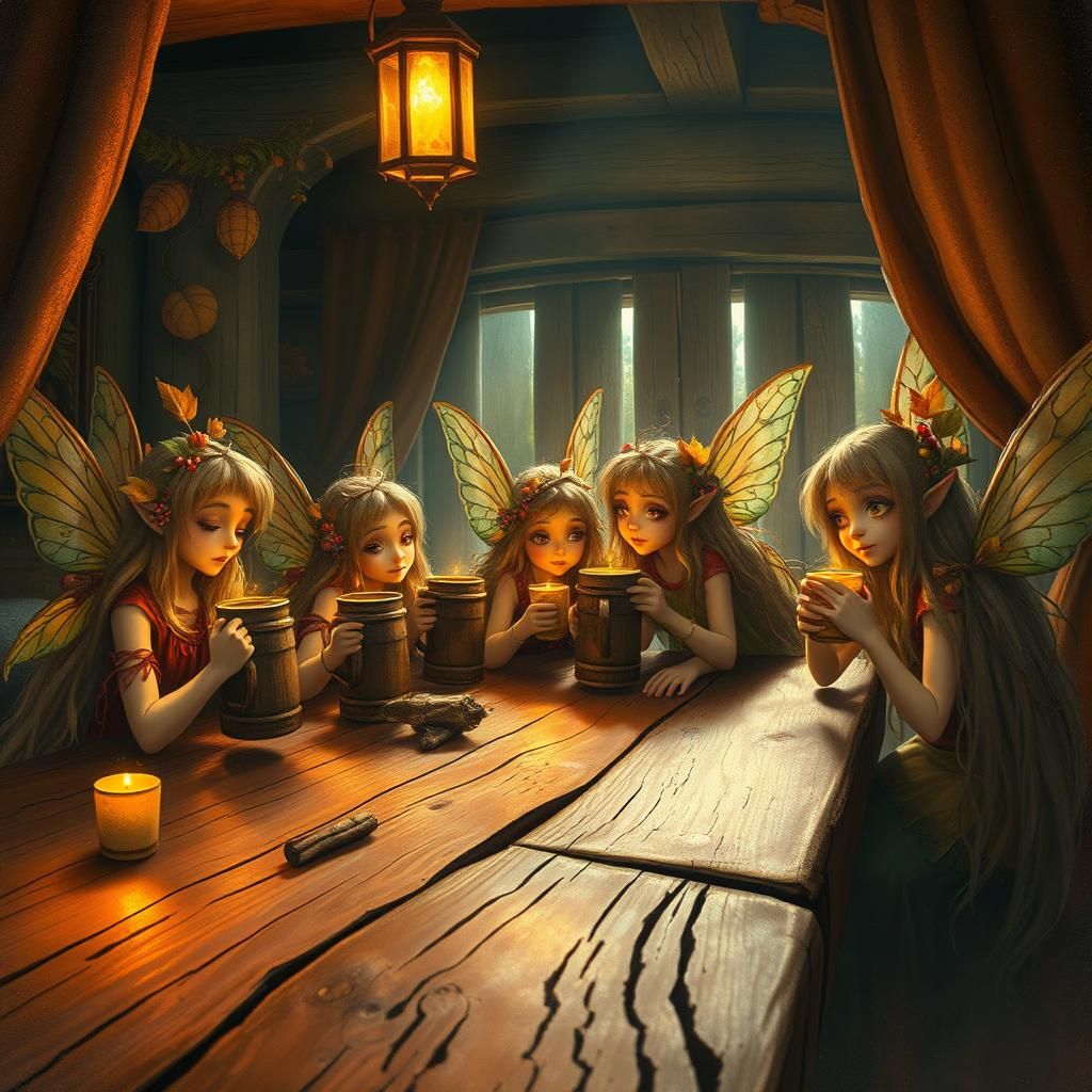scene from a fantasy world where a group of whimsical Fairie...