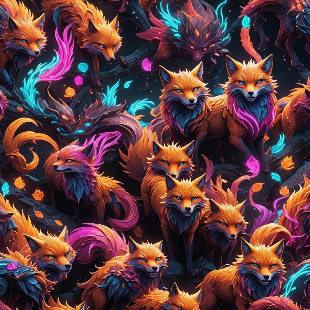 Neon Nine-Tailed Fox Fantasy Concept Art
