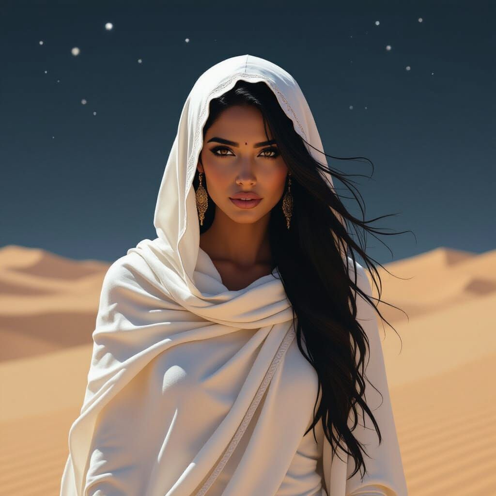 Mysterious Woman Walking in Desert Night