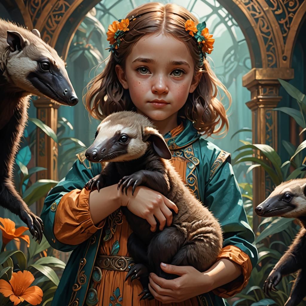 Girl with Baby Anteater, Hyperdetailed Digital Art