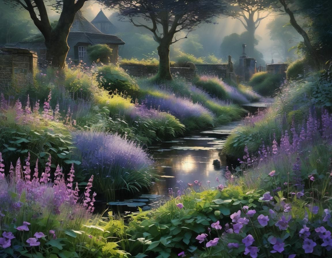 Enchanted Garden in Violet Light: Detailed Art