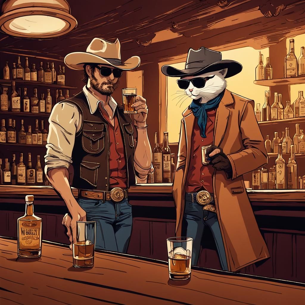 Cowboy and Cat Chatting in a Bar