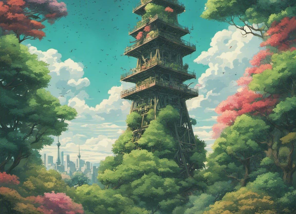 16k resolution, Studio Ghibli-inspired deserted Tokyo Tower wrapped in lush, overgrown vegetation and colorful, yet myst...