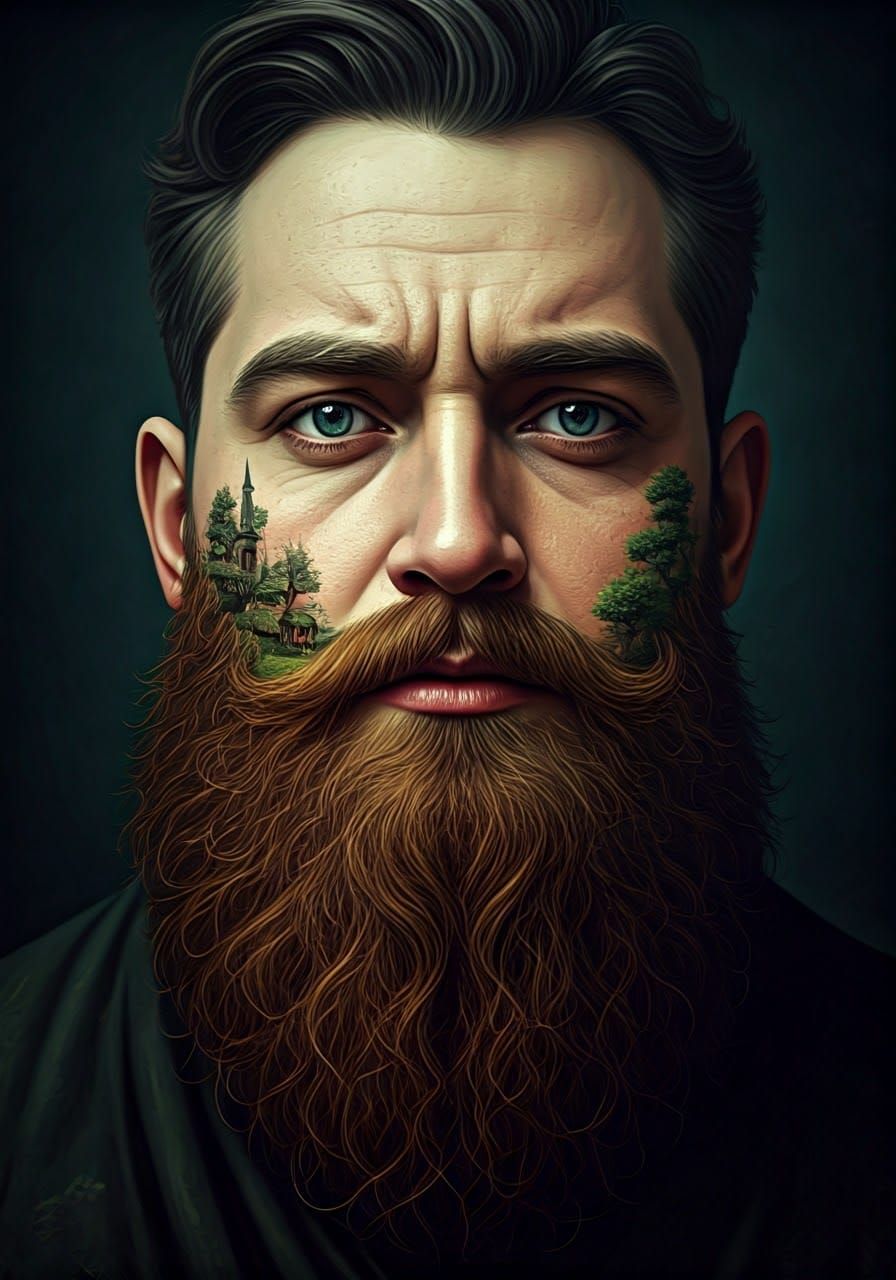 Beard Morphing into Whimsical Landscape in Digital Painting