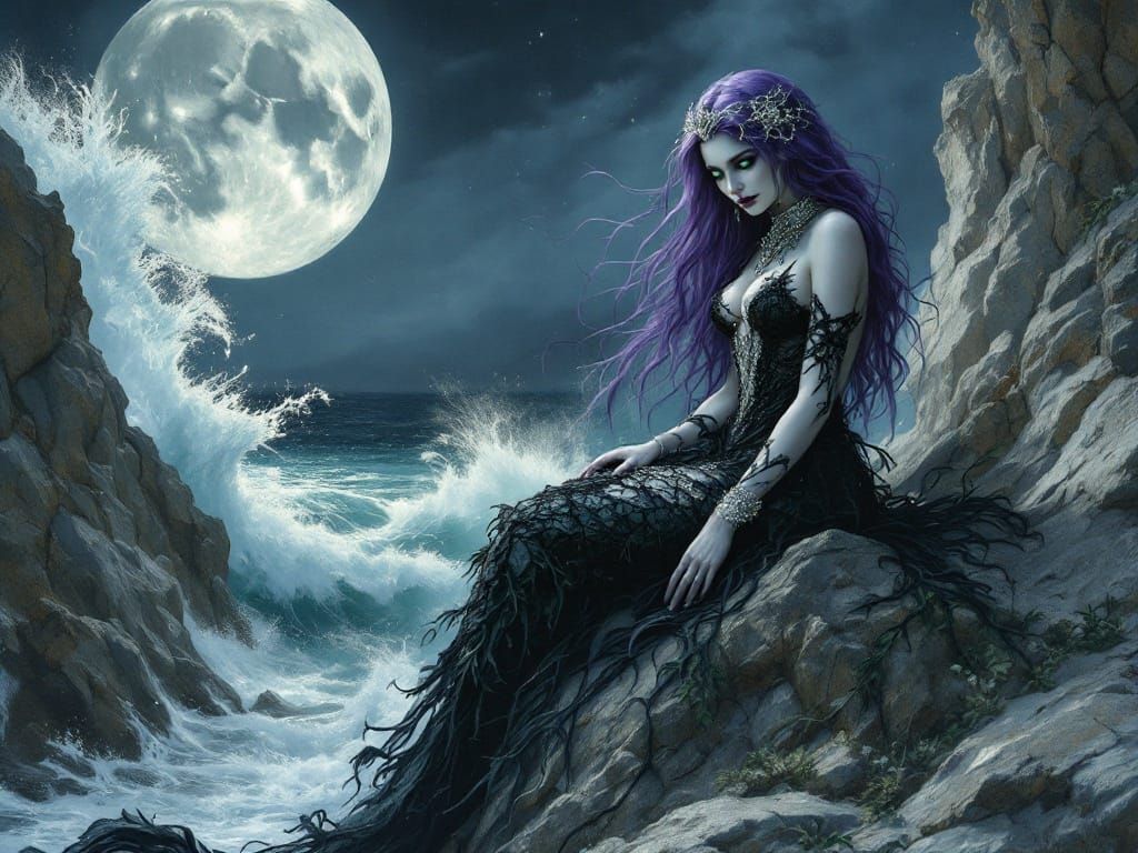 Gothic Mermaid Sings to the Waves in a Moonlit Cove