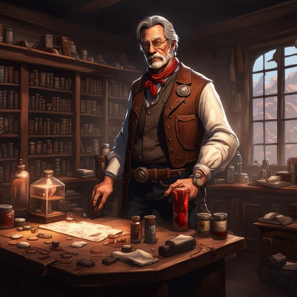 Cowboy Doctor Cleans Bloody Hands: Dark Fantasy Art