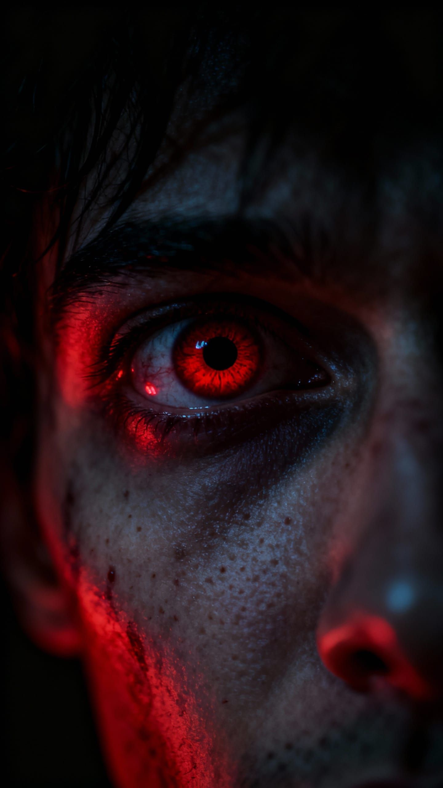 Horror Portrait: Terrified Eye with Red Light Reflection