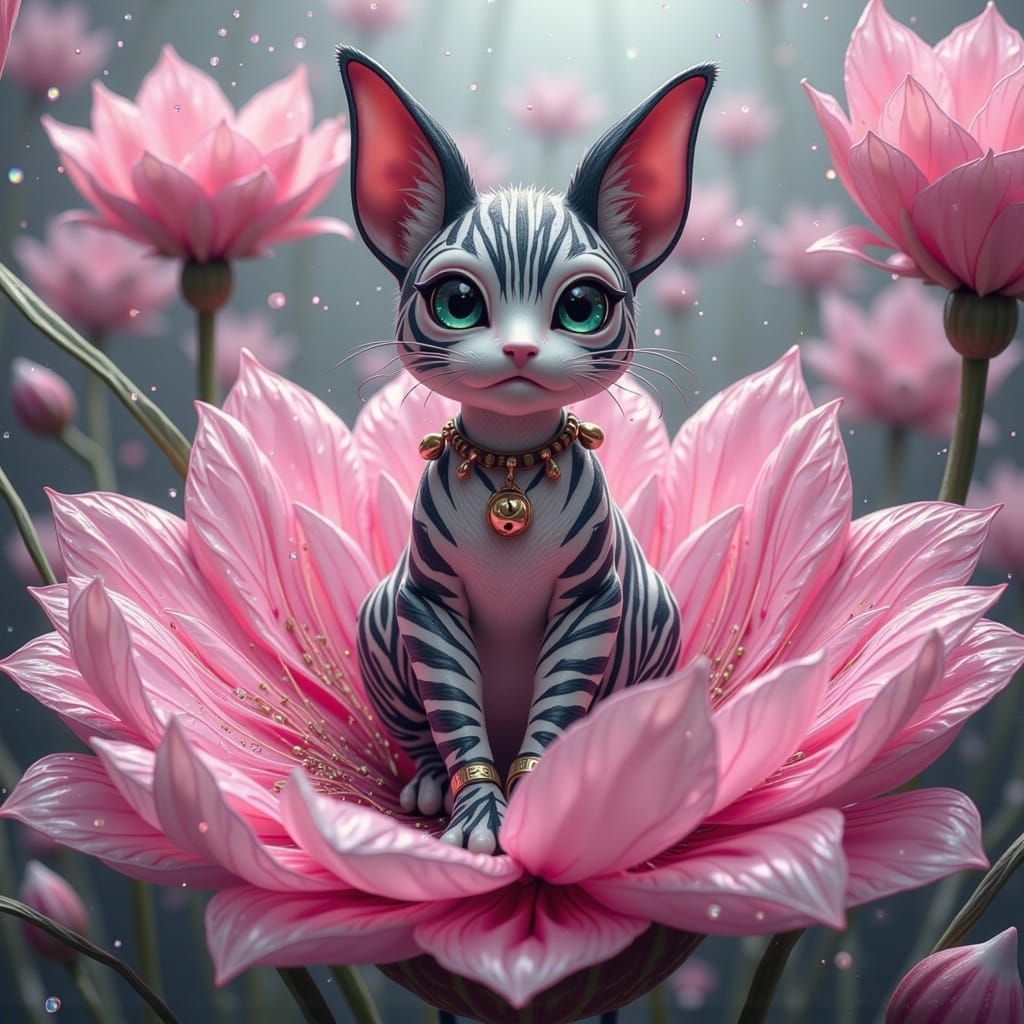 Surreal Zebra Cat on Giant Flower, Digital Art