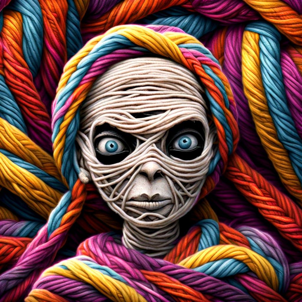 Cartoonish Yarn-Knitted Mummy Escapes Coffin