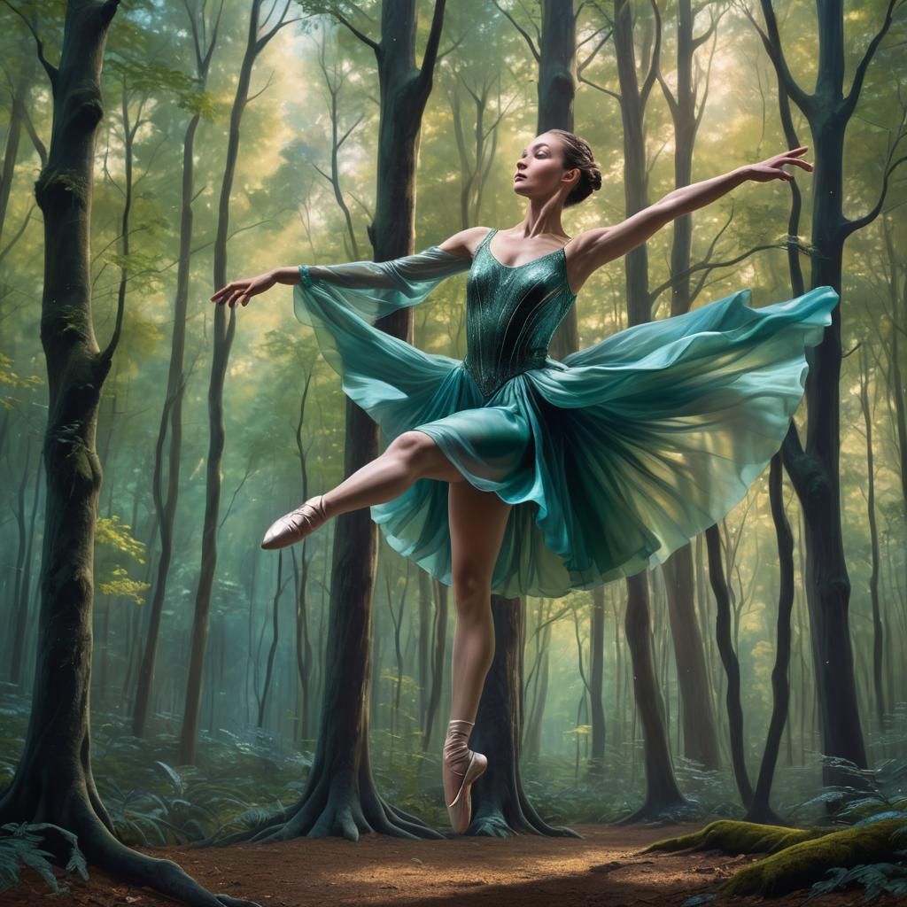 Ballet Dancer Leaping in Ethereal Forest