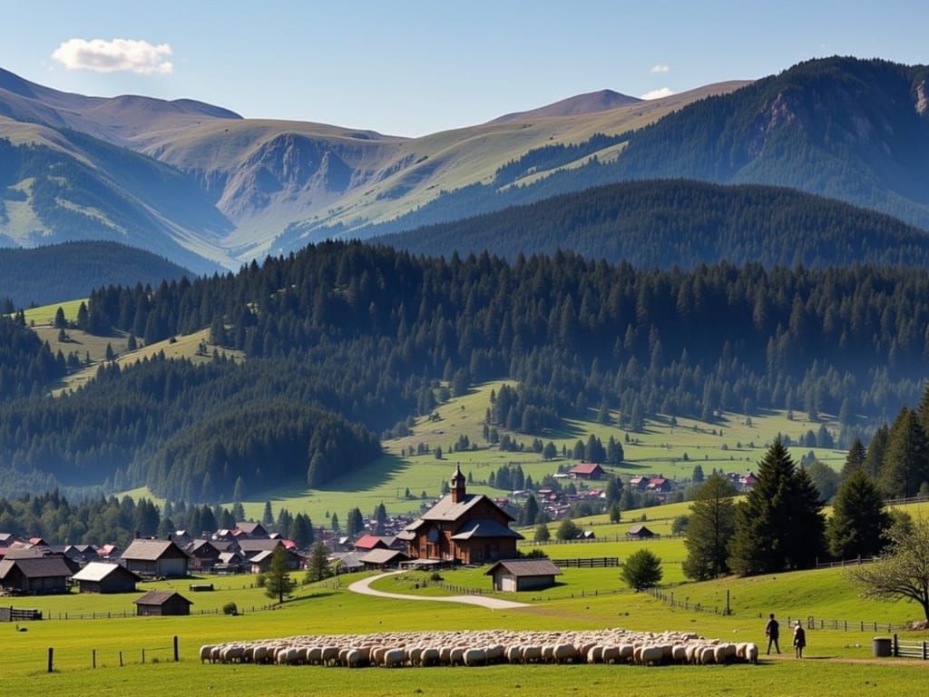 Carpathian Mountain Landscape with Shepherd and Village