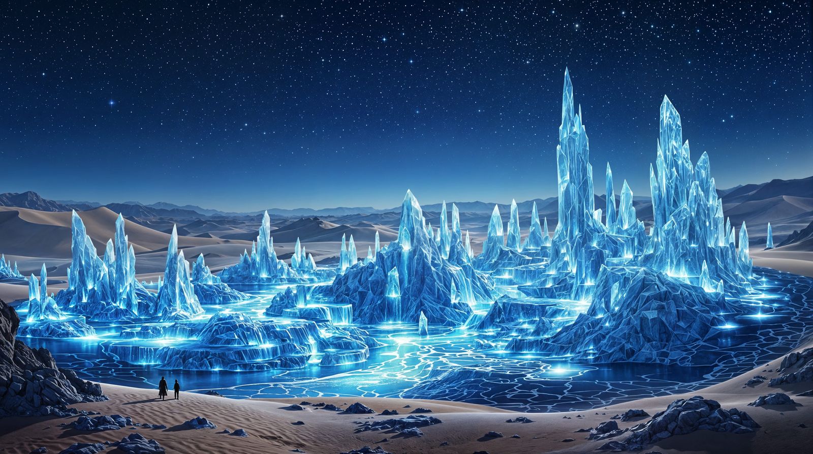 Surreal Crystal Oasis Unfolds Under Starlit Desert Skies