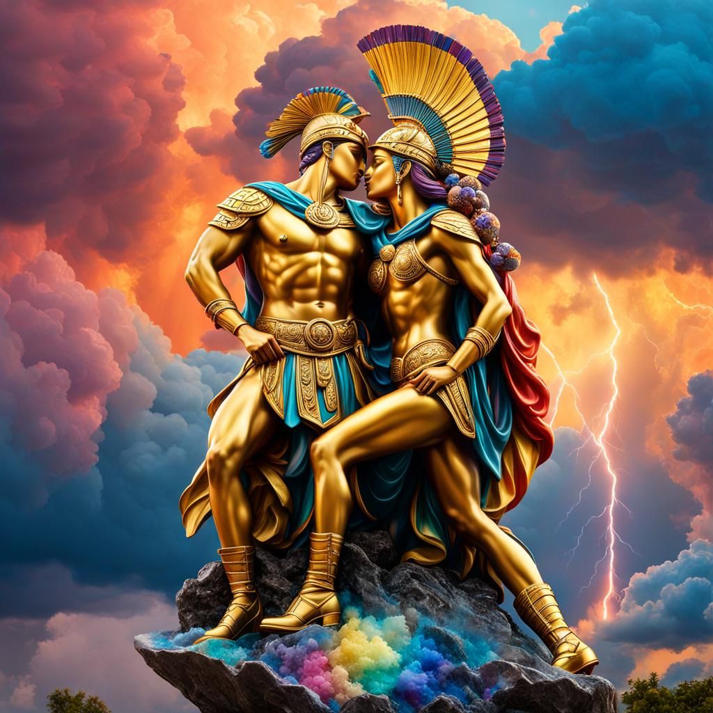 Hyperreal Greek Soldier Statues Kissing on Golden Head