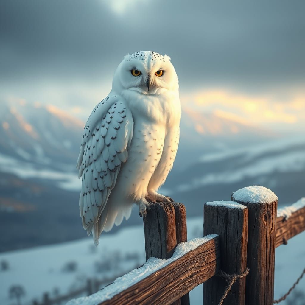 Majestic White Owl Watches Over Snowy Valley in Whimsical St...