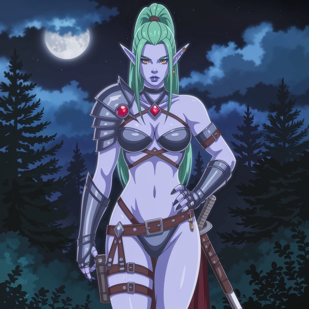 Female Elf Warrior in Dark Forest, Anime Style