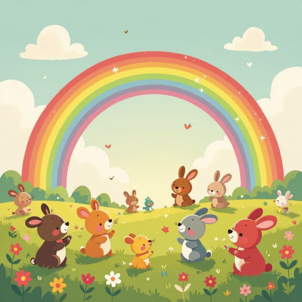 Whimsical Children's Book Cover with Smiling Animals and Rai...