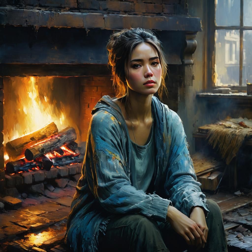 Woman by Fireplace: Detailed Matte Painting