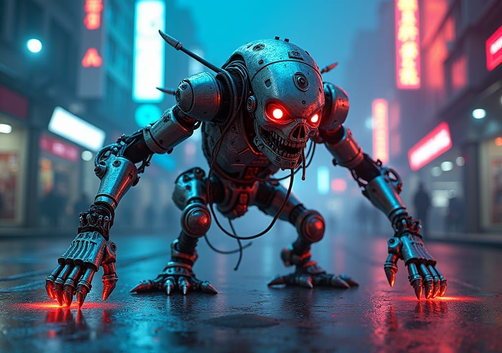 Mechanical Goblin Leaking Neon Acid in Cyberpunk City
