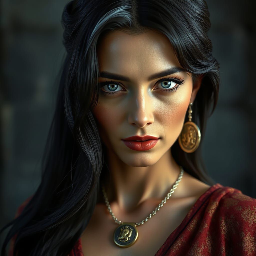 Portrait of a Regal Woman with Blue Eyes and White Streak