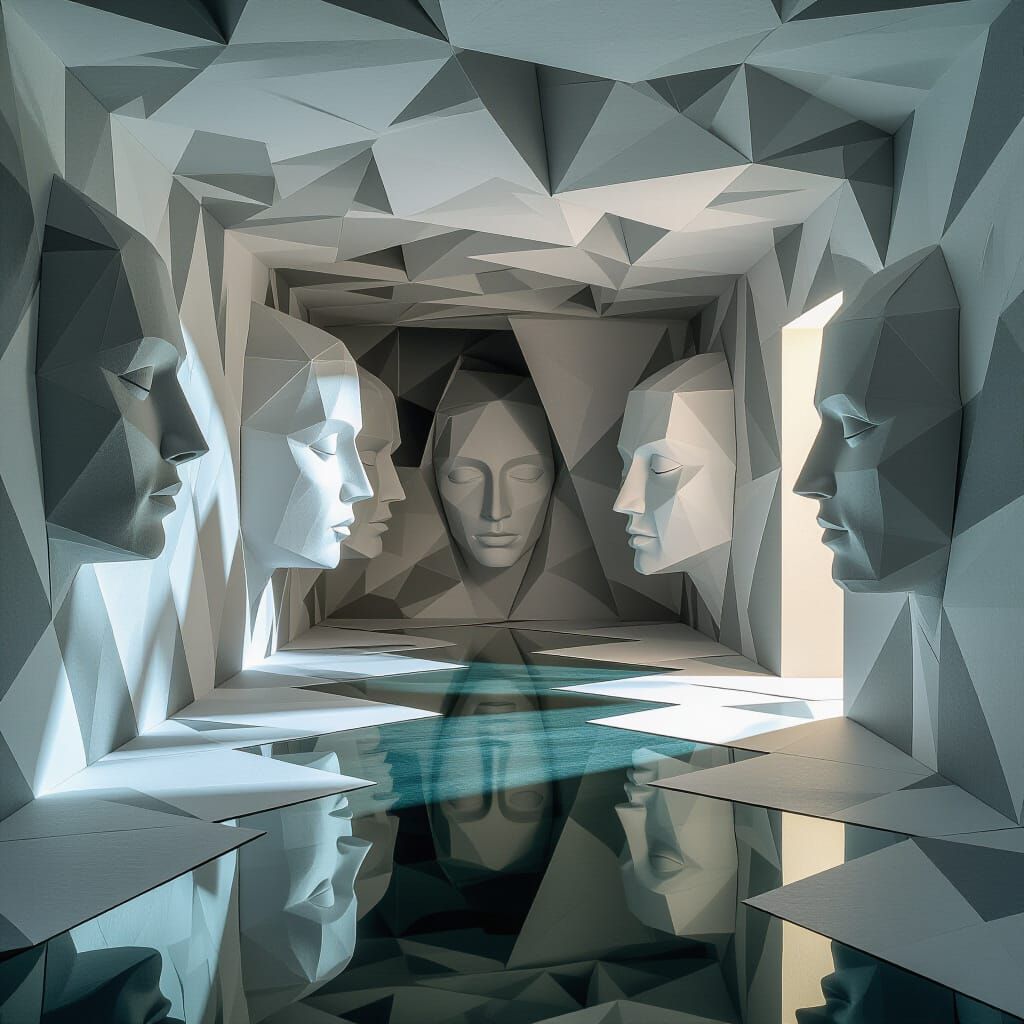 Surreal Origami Room with Shadow Faces