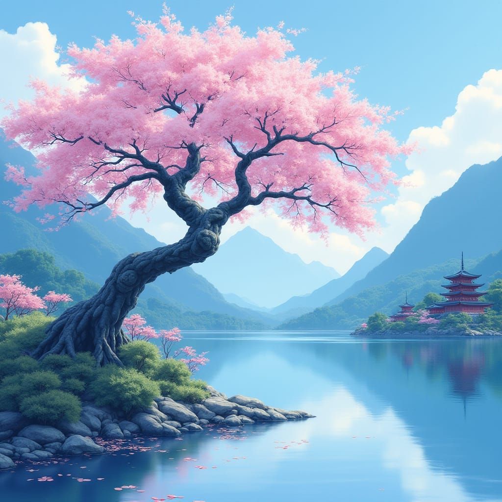 Ancient Sakura Tree in Serene Japanese Landscape