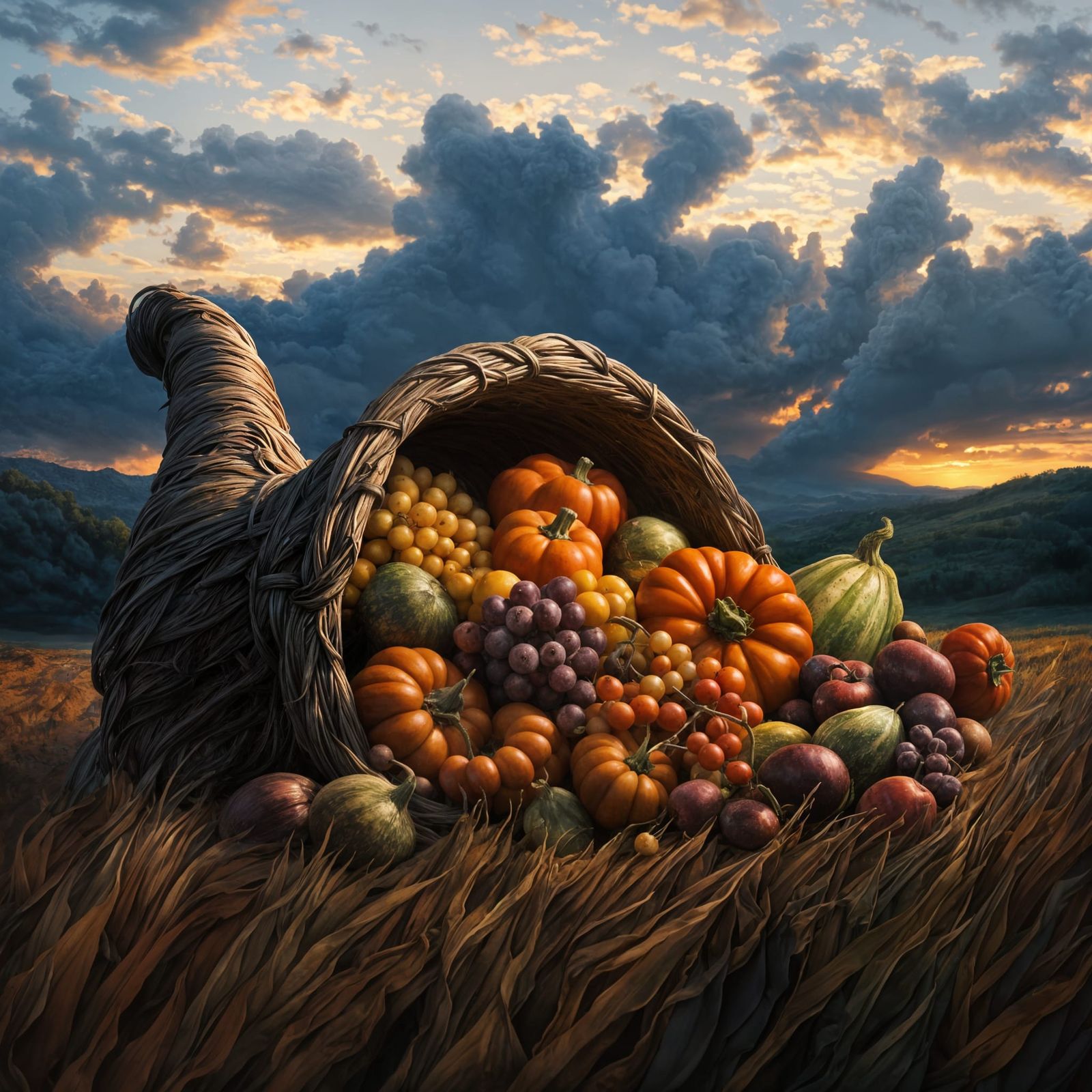 Abundant Autumn Harvest Cornucopia in Dramatic Twilight