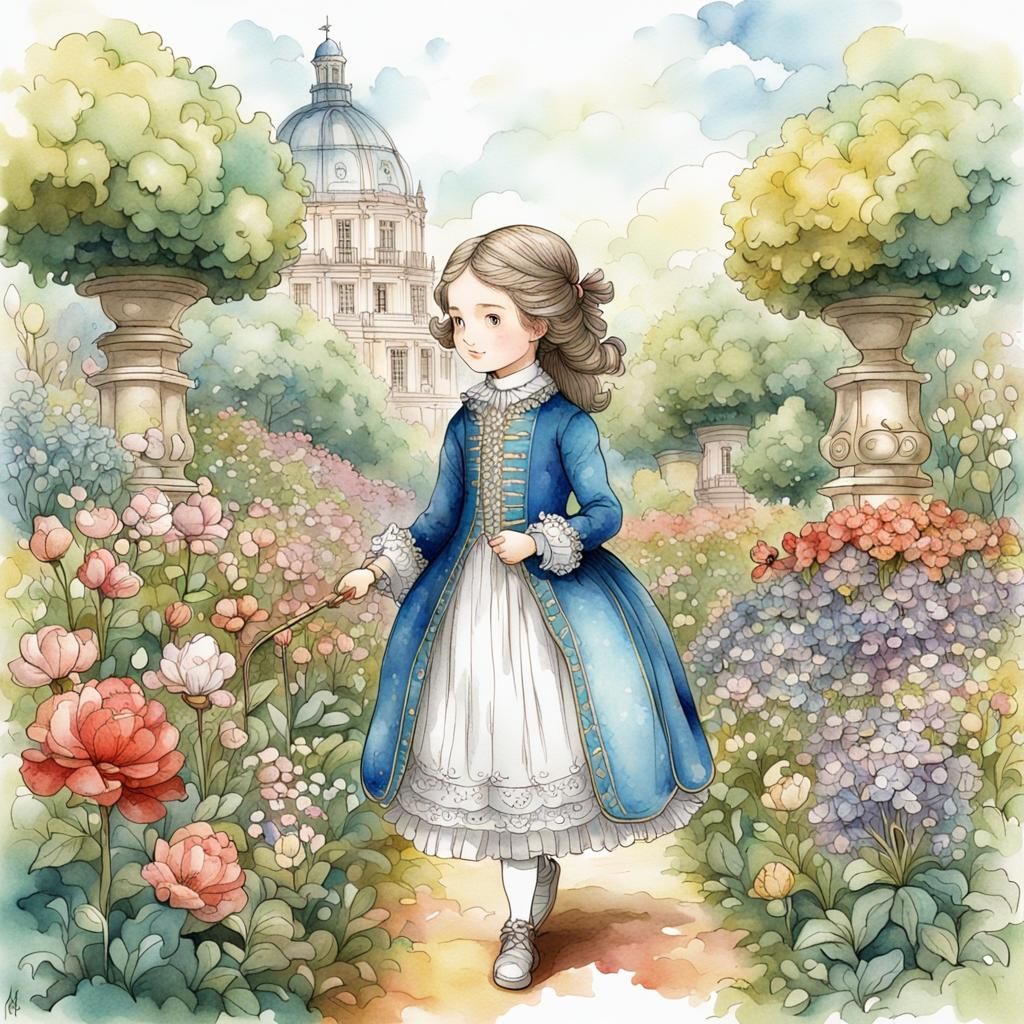 Chibi Aristocrat Girl in Flower Garden, Watercolor Style