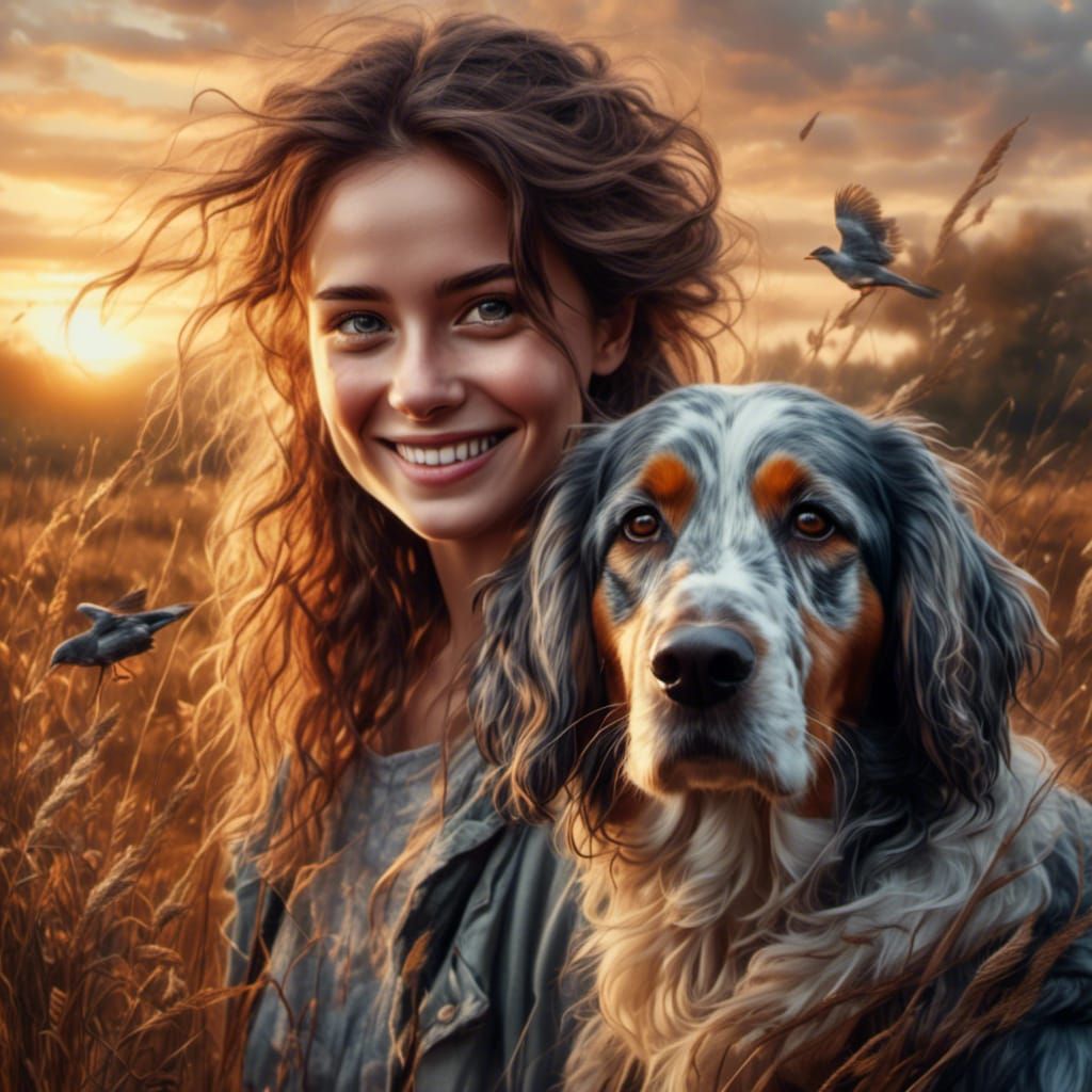 Hyperrealistic Sunset Oil Painting of Woman and Dog