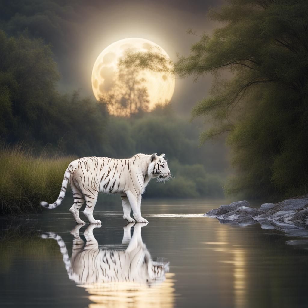 White Tiger Drinking Under Full Moon