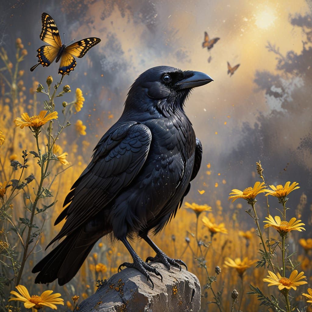 Raven with Butterfly Amidst Golden Wildflowers