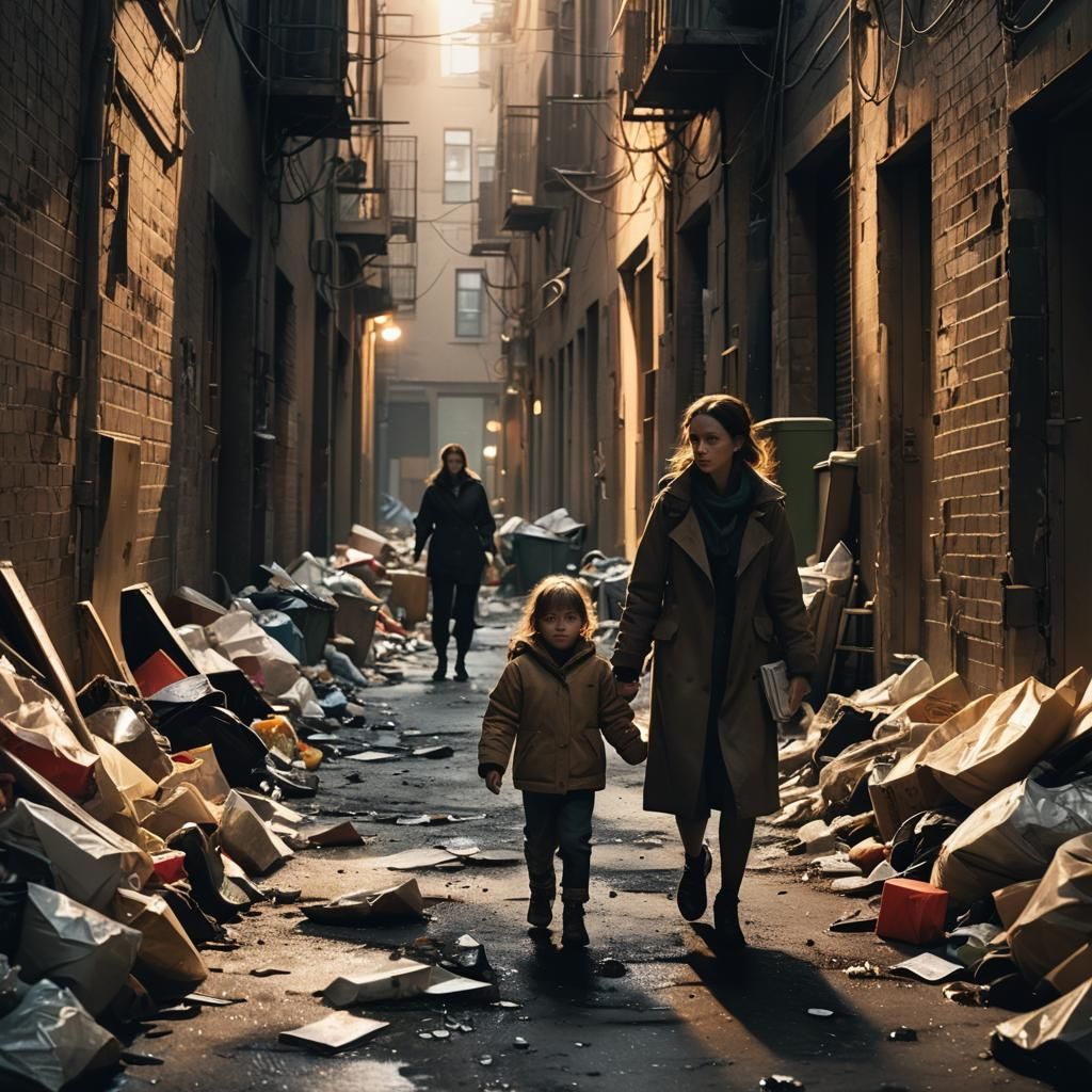 Film Noir Mother and Child in Urban Alleyway
