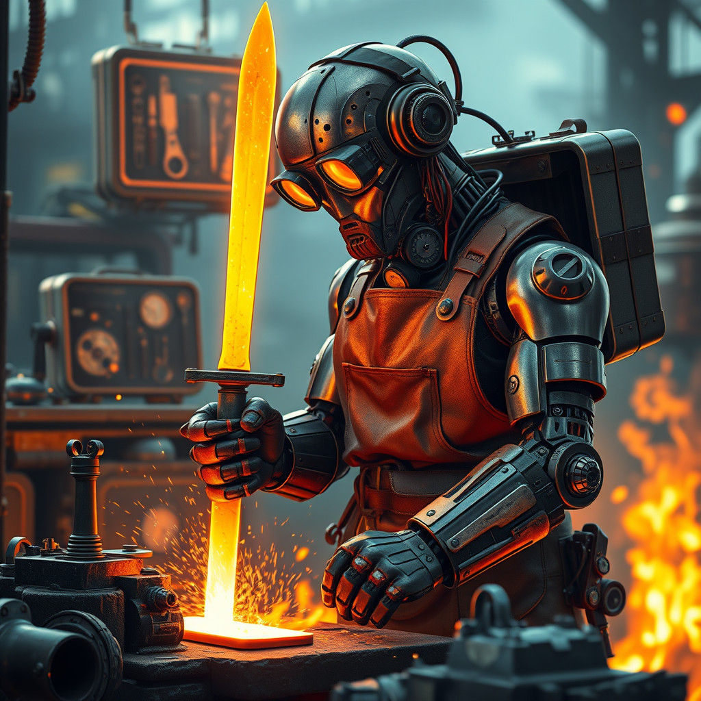 Steampunk Robot Forges Sword in Dystopian Foundry