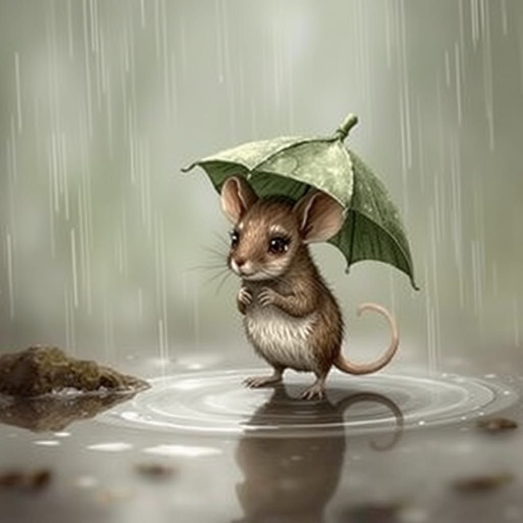 Mouse in Rain with Leaf Umbrella: Whimsical Illustration