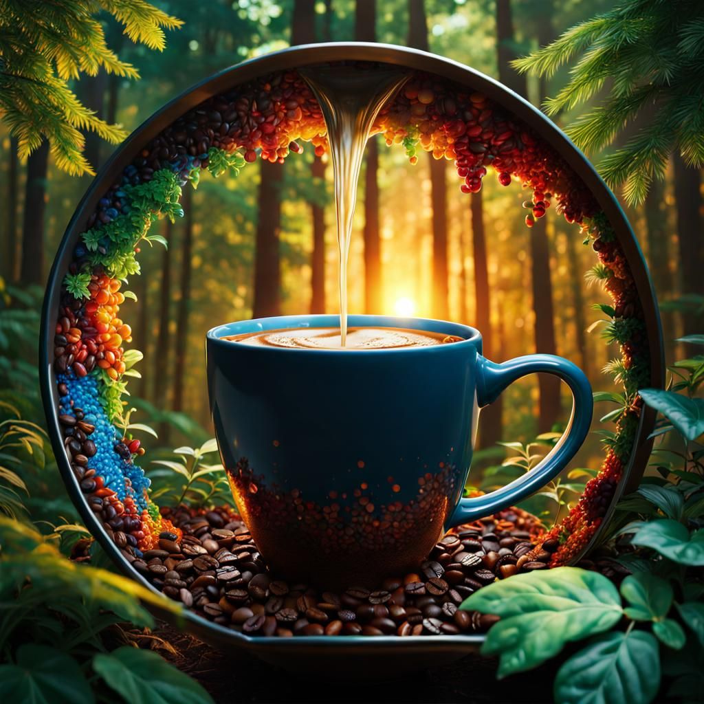 Coffee Sign in Forest at Sunrise: Hyperrealistic Art