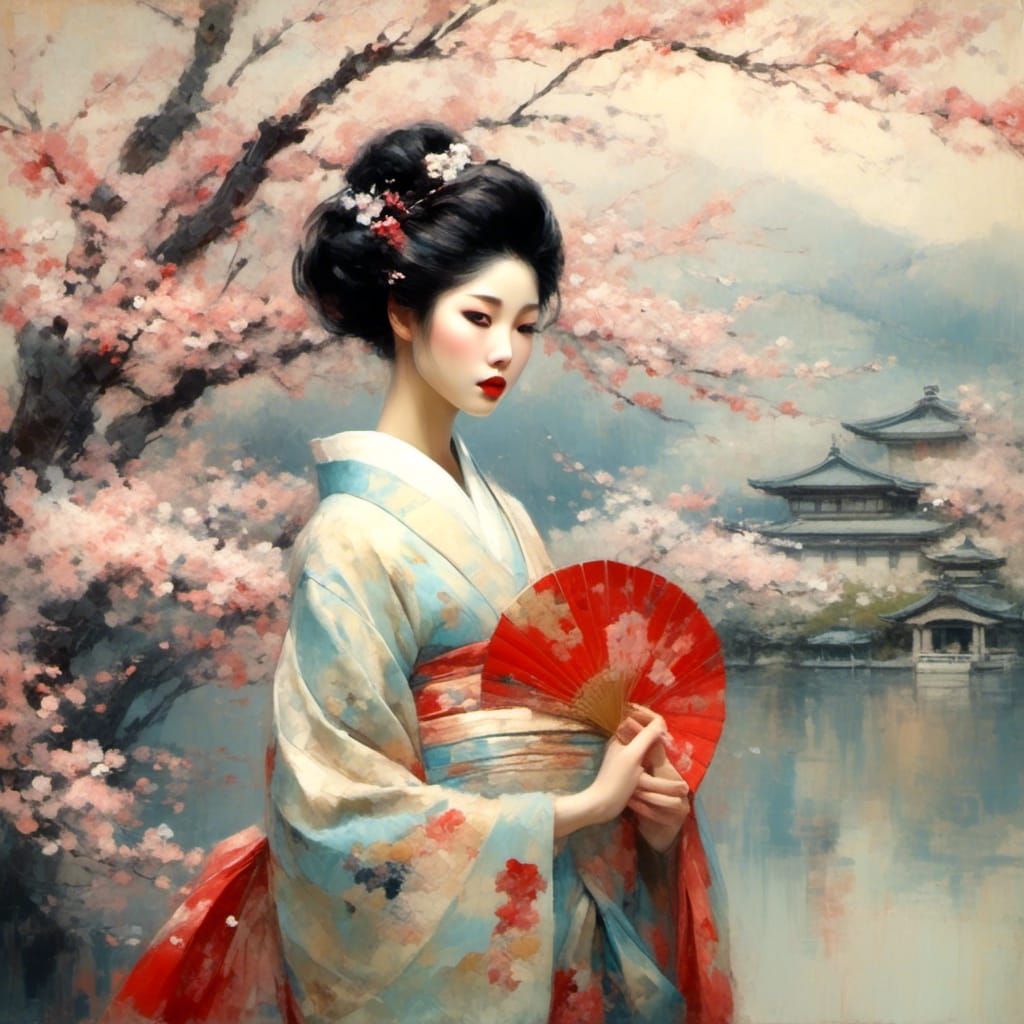 Serene Geisha in Kimono, Impressionist Style