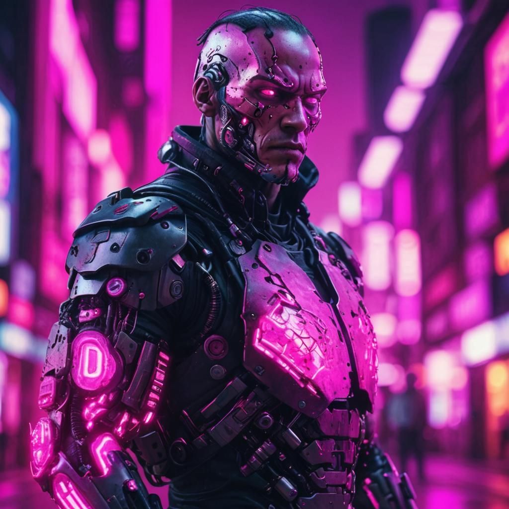 Cyberpunk Cyborg with Neon Cityscape