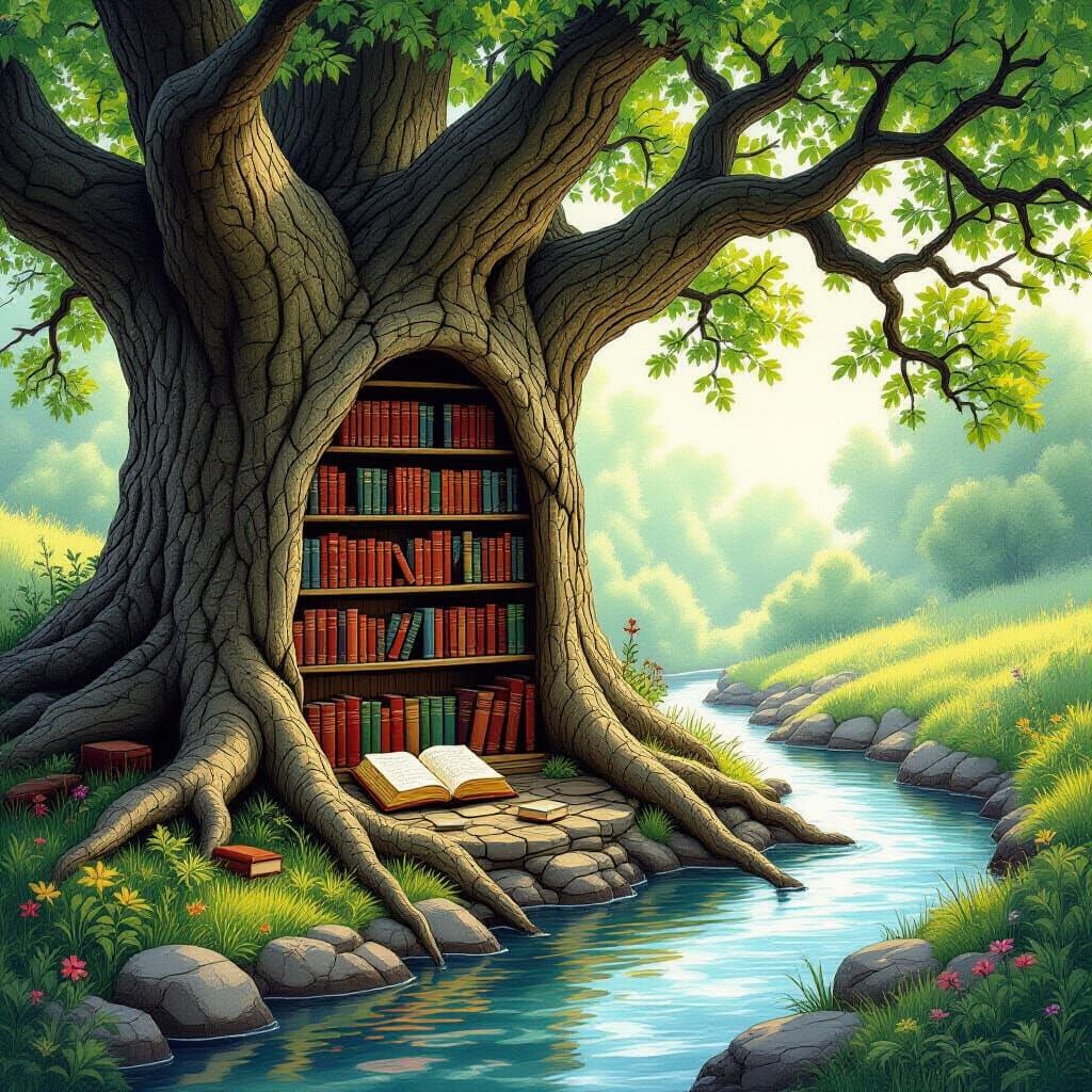 Miniature Library in Ancient Oak Roots, Whimsical Illustrati...