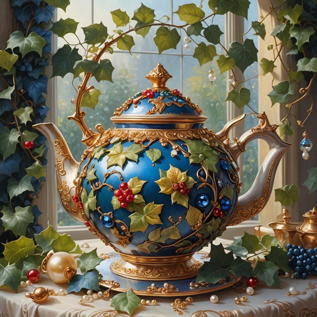 Stunning Teapot with Jewels and Berries: Fantasy Art