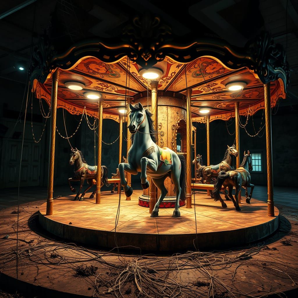 Animated Carousel Horse Breaks Free in Abstract Style