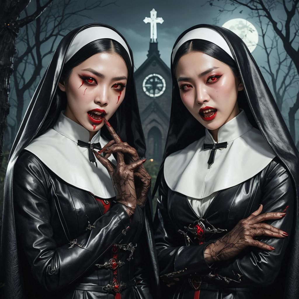 Asian Nuns Transformed into Vampires: 3D Anime Art