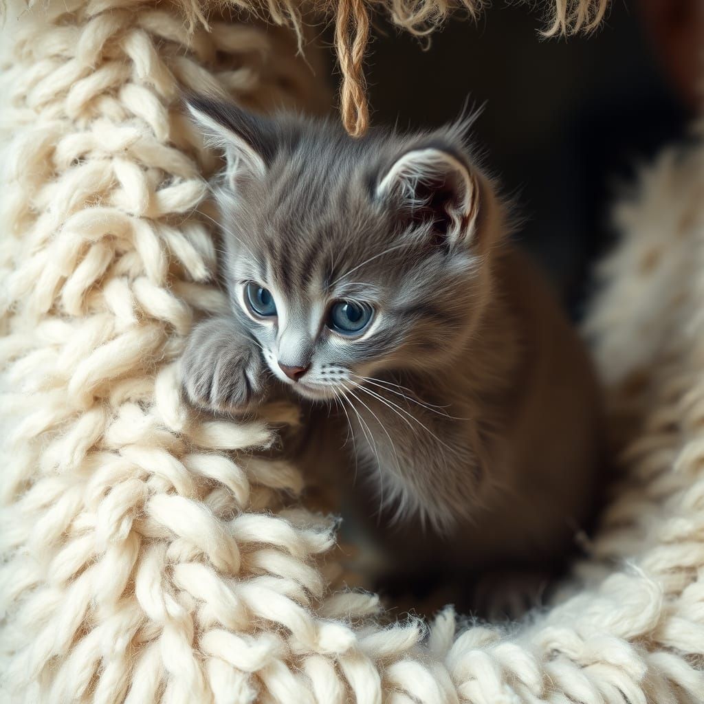 Whimsical Grey Kitten in Woolly World