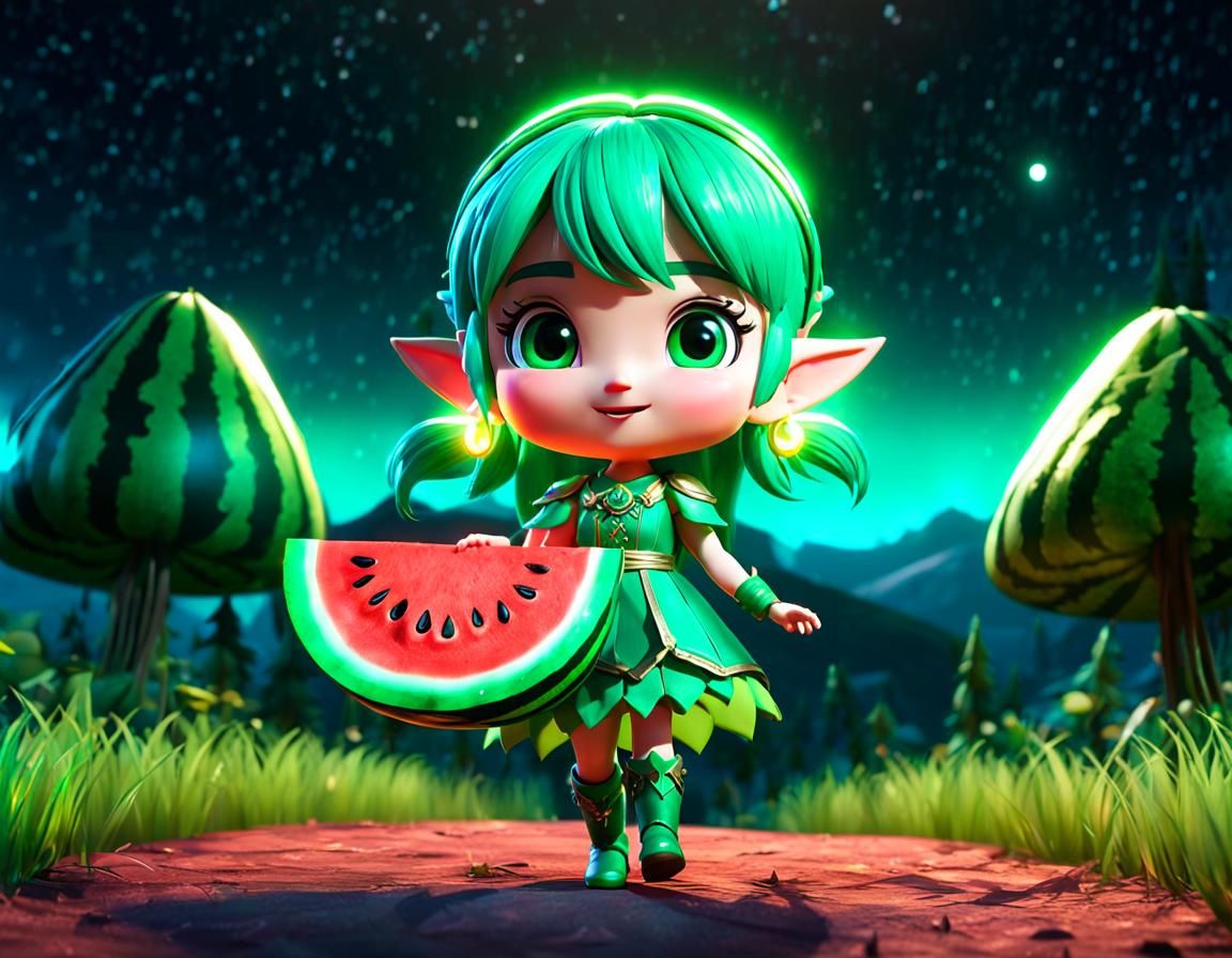 Chibi Elf Moonwalks in Watermelon Dress: 3D Game Art